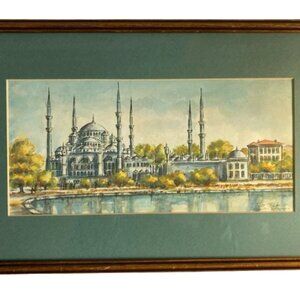 Real Watercolor Painting The Blue Mosque - Artist Signed
